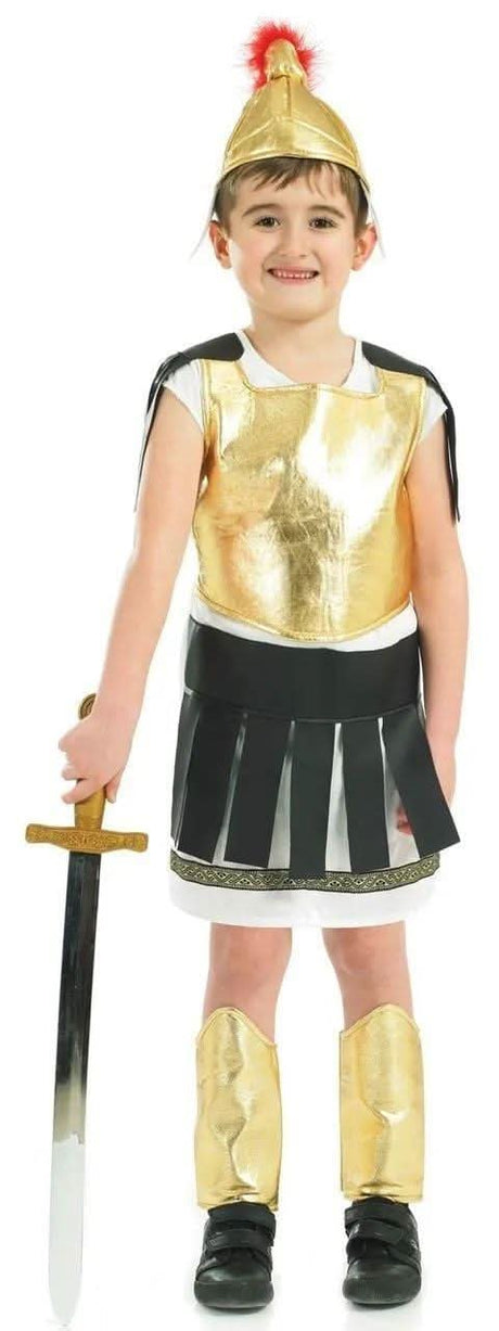 Boy wearing boys Roman soldier costume with gold helmet, chest armor, black skirt, and holding a sword