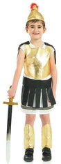 Boy wearing boys Roman soldier costume with gold helmet, chest armor, black skirt, and holding a sword