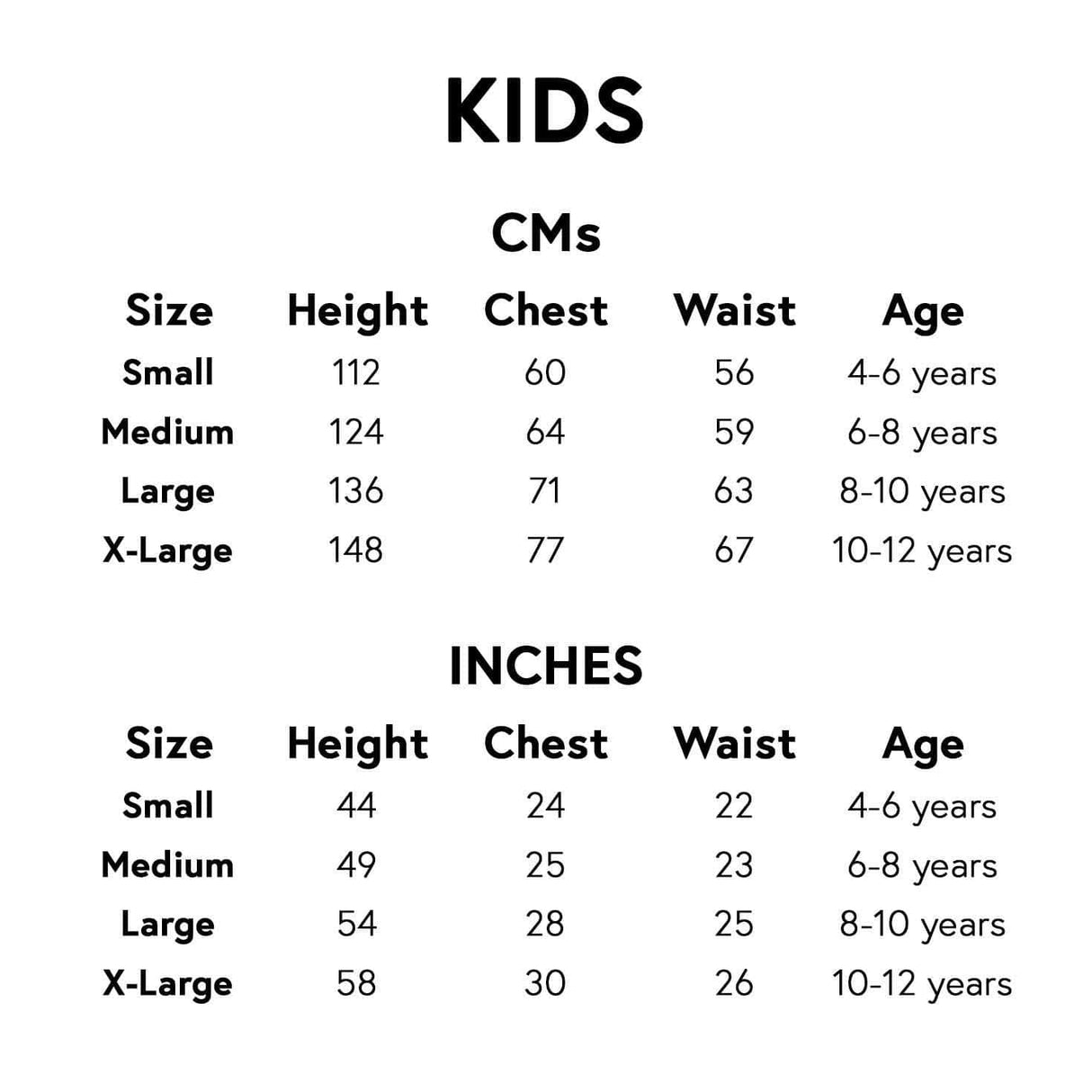 Size chart for boys Roman soldier costume with measurements in centimeters and inches for ages 4 to 12 years