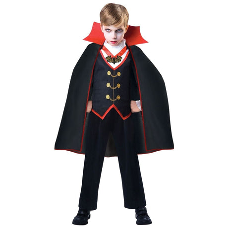 Boys vampire costume with black cape, red collar, vest with gold buttons, and formal pants