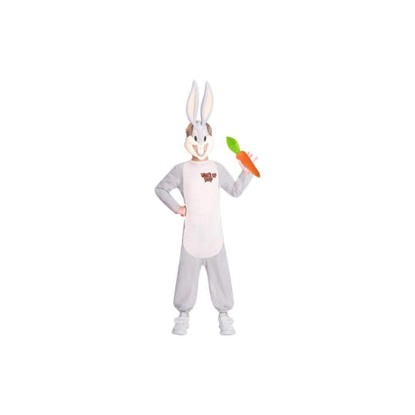 Kids wearing Bugs Bunny costume for kids holding a carrot prop in full gray and white bunny outfit