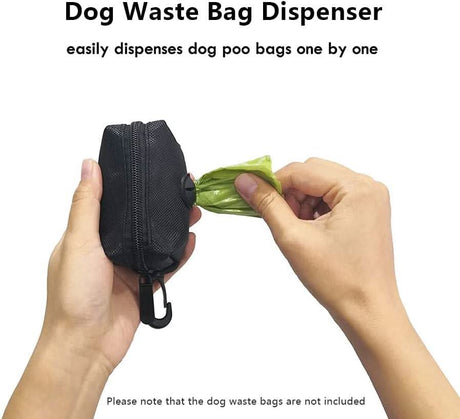 Hands using black dog waste bag dispenser pulling out green bag no pull dog harness medium