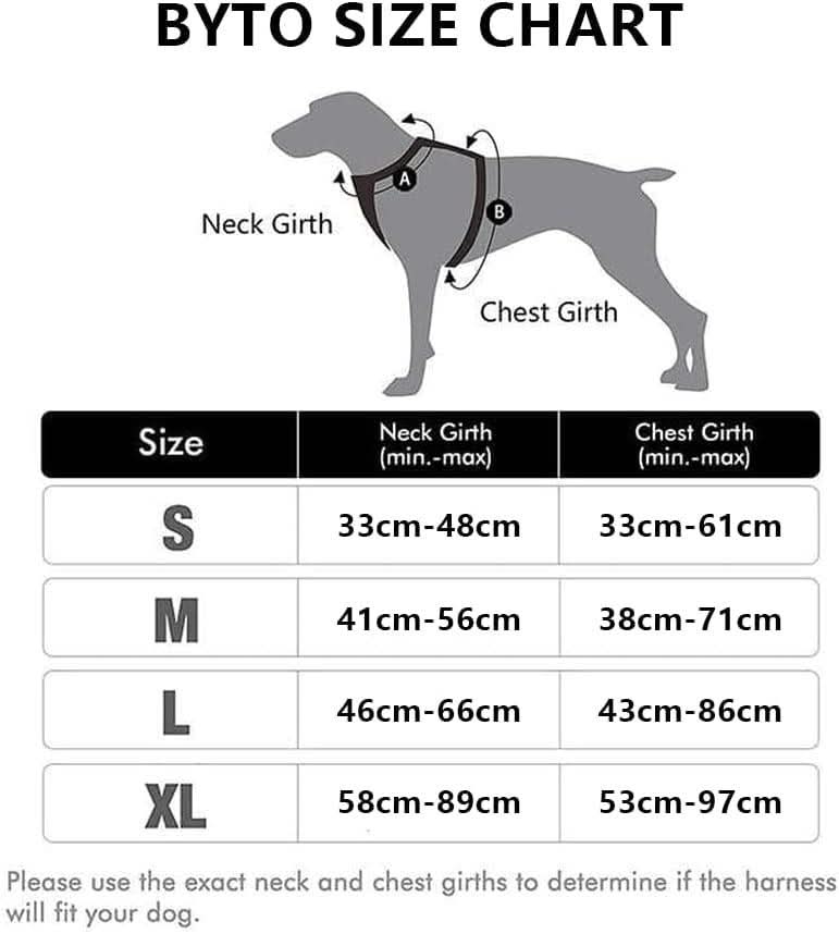 Size chart showing neck and chest girth measurements for no pull dog harness medium by CLICKK Home Store