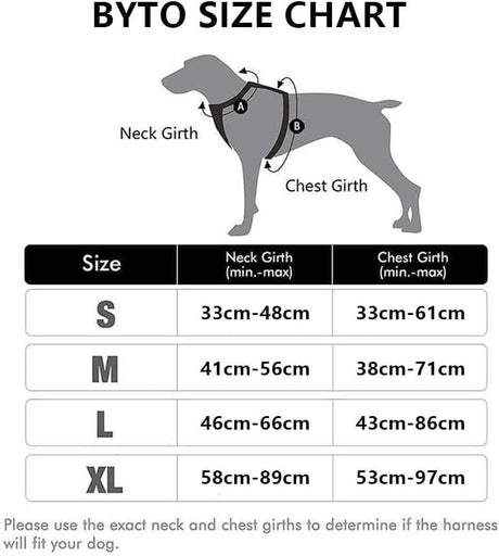 Size chart showing neck and chest girth measurements for no pull dog harness medium by CLICKK Home Store