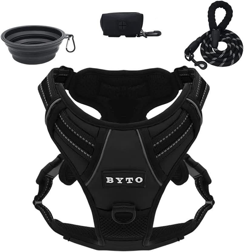 CLICKK Home Store no pull dog harness set with black harness, leash, collapsible bowl, and waste bag holder