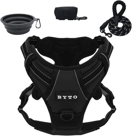 CLICKK Home Store no pull dog harness set with black harness, leash, collapsible bowl, and waste bag holder