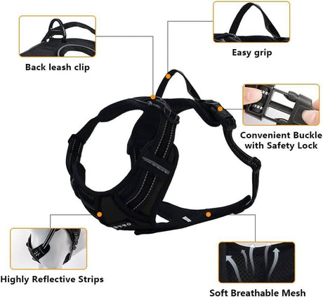 No pull dog harness set from CLICKK Home Store with back leash clip, easy grip, safety lock buckle, reflective strips, and breathable mesh
