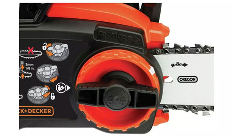 Close-up of Black and Decker cordless chainsaw blade and orange adjustment dial by CLICKK Home Store