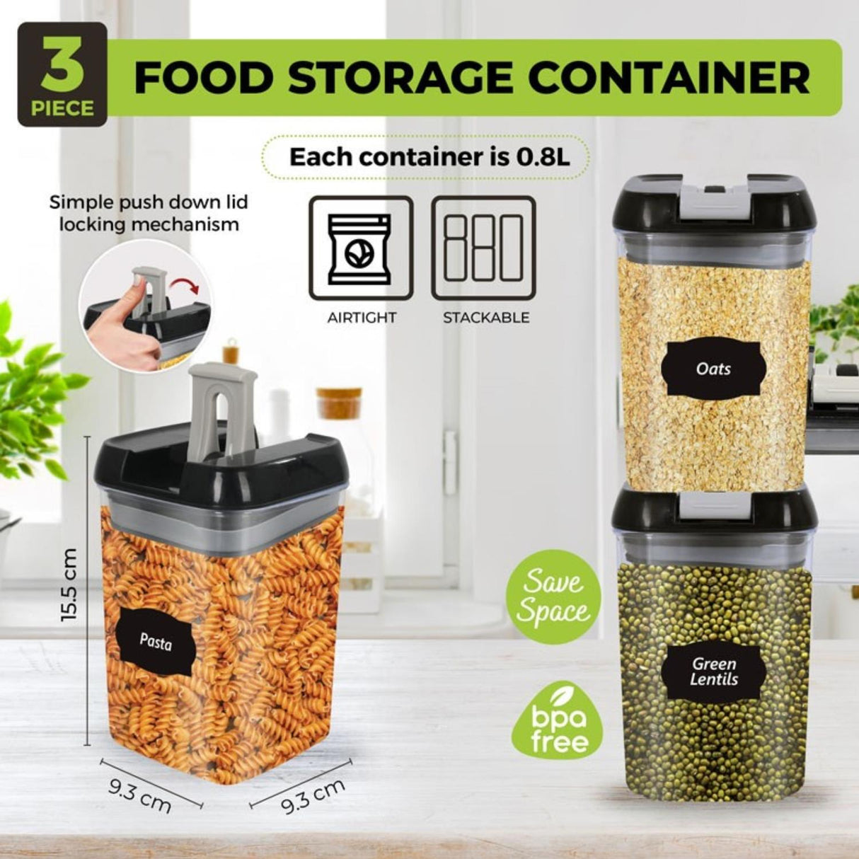 3 Piece 0.8L Food Storage Lock N Fresh Stackable Containers