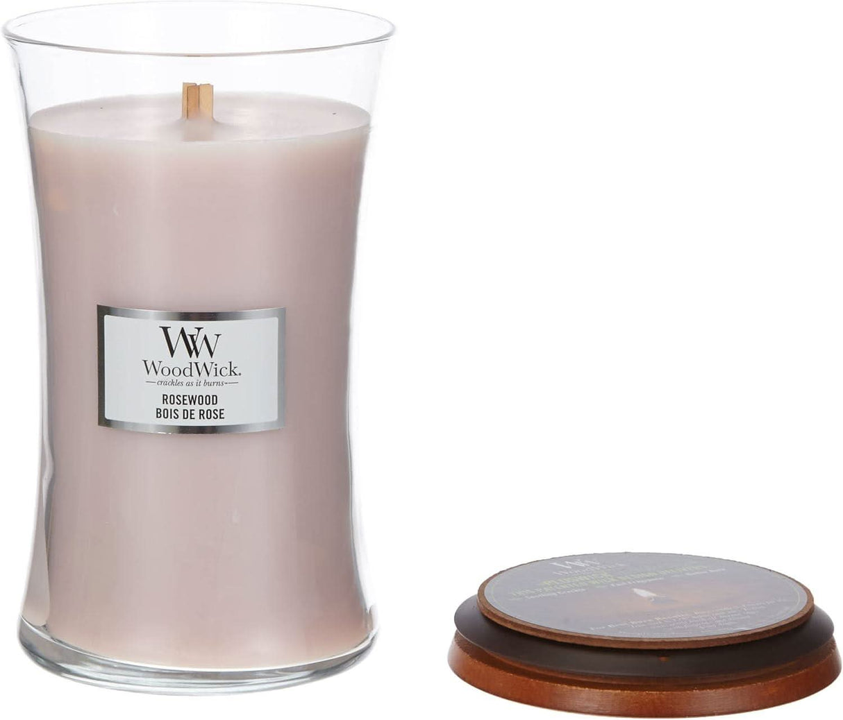 CLICKK Home Store rosewood scented candle large in clear glass jar with wooden wick and wooden lid
