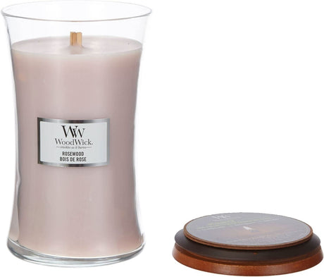CLICKK Home Store rosewood scented candle large in clear glass jar with wooden wick and wooden lid
