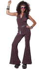 Woman wearing 1970s women's disco costume with striped sleeveless top and flared pants by Fancy Dress