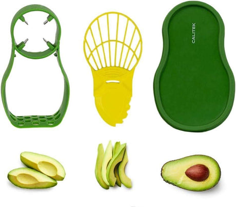 Calitek avocado slicer and masher set with green and yellow tools for cutting and mashing avocados