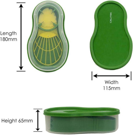 Calitek green avocado slicer and masher with dimensions shown 180mm length 115mm width 65mm height