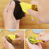 Calitek yellow plastic avocado slicer and masher used for peeling, slicing, and mashing avocados