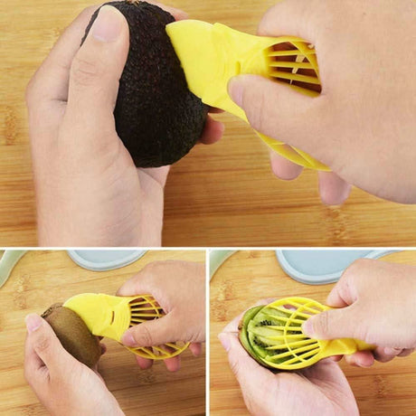 Calitek yellow plastic avocado slicer and masher used for peeling, slicing, and mashing avocados