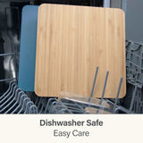 Calitek bamboo and plastic cutting board set inside dishwasher showing dishwasher safe feature