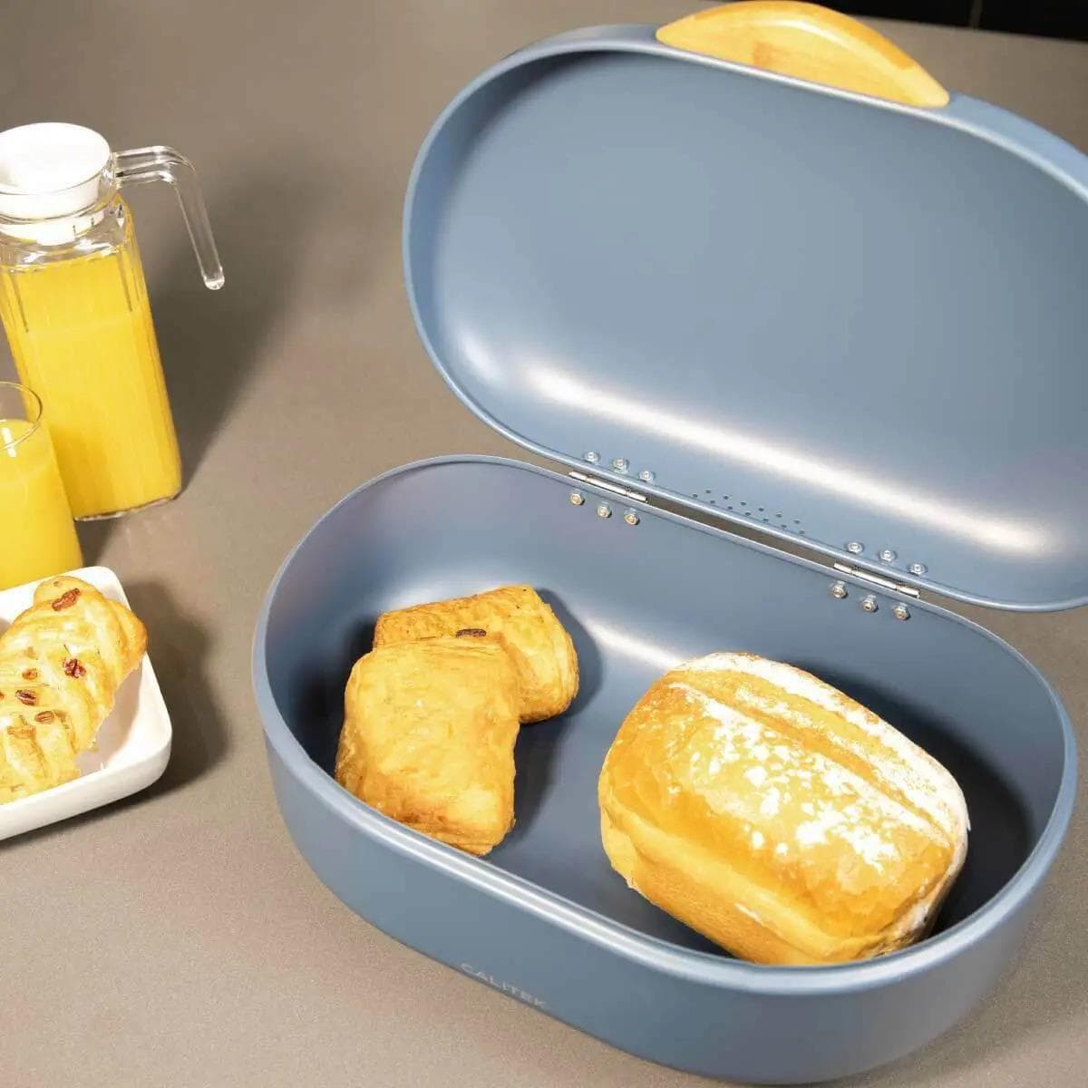 CLICKK Home Store CAL190 CALITEK Bread Bin with Bamboo Feet Carbon Steel Blue