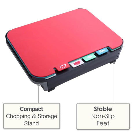 Coloured chopping board set with stand featuring compact storage and stable non-slip feet