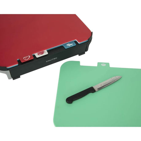 Coloured chopping board set with stand including red, white, and blue boards with icons and a green cutting board with knife