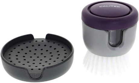 Calitek detergent dispensing dish brush with round black holder and white bristles for kitchen cleaning