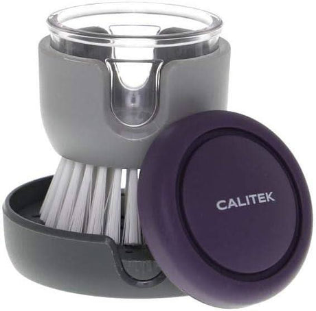 Calitek detergent dispensing dish brush with gray and purple handle and white bristles