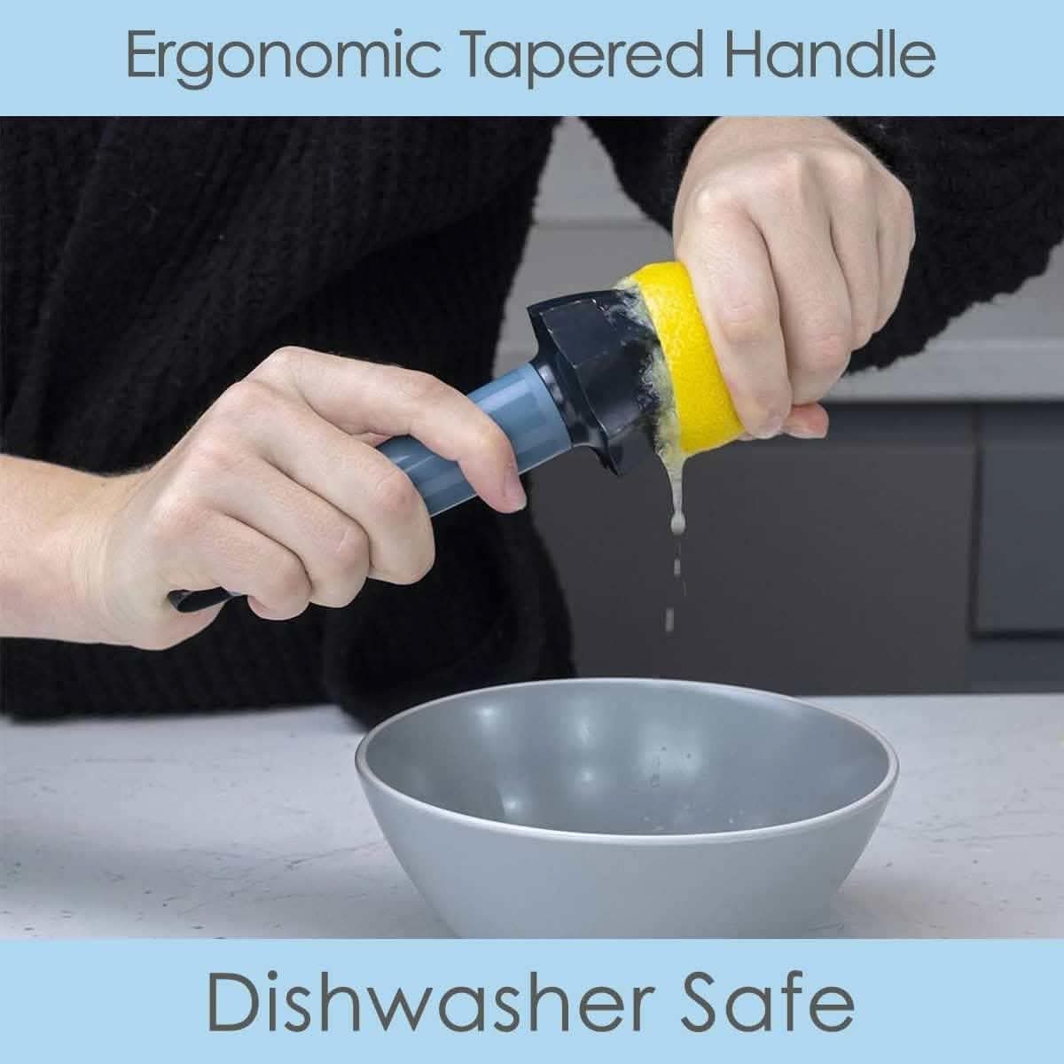 Calitek ergonomic lemon reamer with tapered handle juicing lemon over bowl in kitchen
