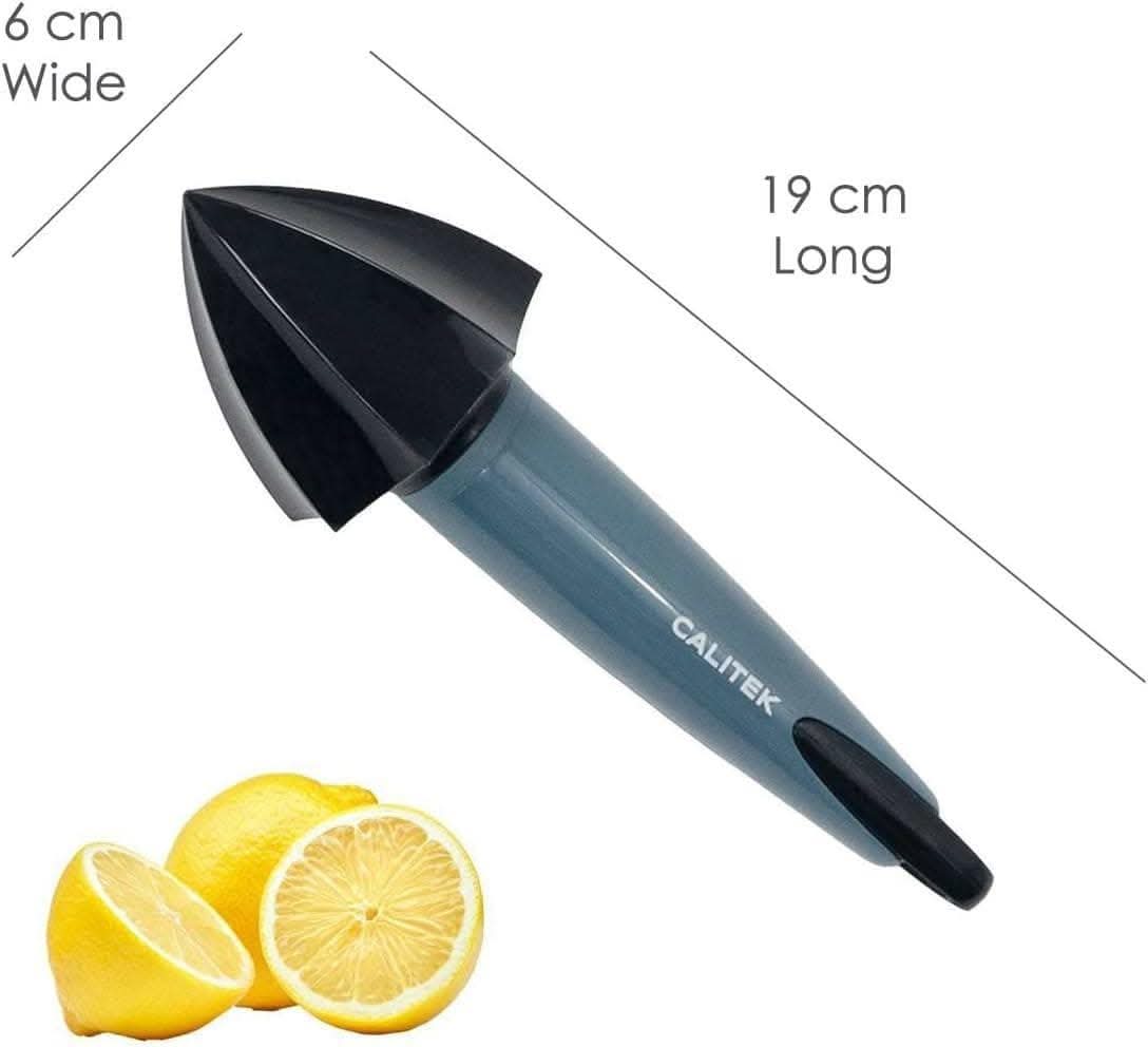 Calitek ergonomic lemon reamer with black pointed head and gray handle beside sliced lemons