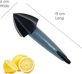 Calitek ergonomic lemon reamer with black pointed head and gray handle beside sliced lemons