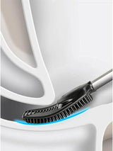 Calitek flexible silicone toilet brush with black bristles cleaning inside a white toilet bowl