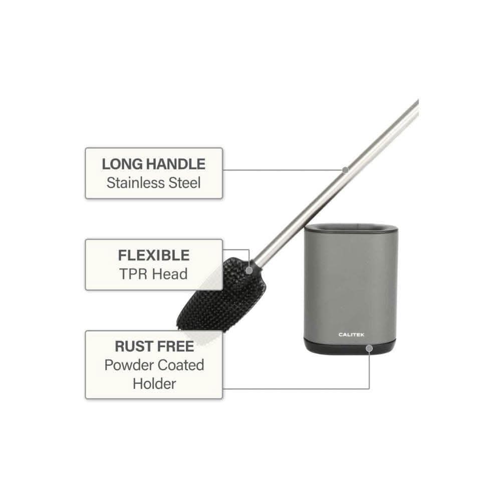 Calitek flexible silicone toilet brush with long stainless steel handle and rust free powder coated holder