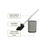 Calitek flexible silicone toilet brush with long stainless steel handle and rust free powder coated holder