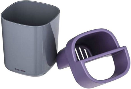 Calitek kitchen sink organizer in gray and purple with a two-piece design for efficient countertop storage