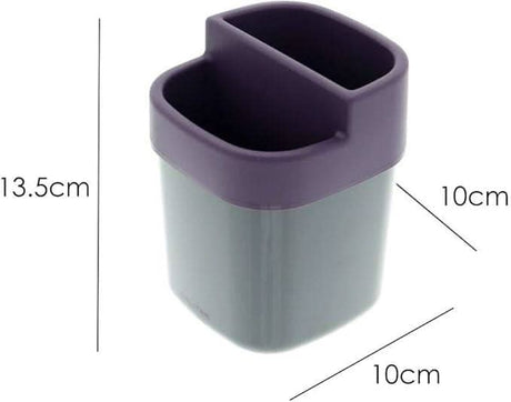 Calitek kitchen sink organizer with dual compartments in grey and purple measuring 13.5 by 10 centimeters