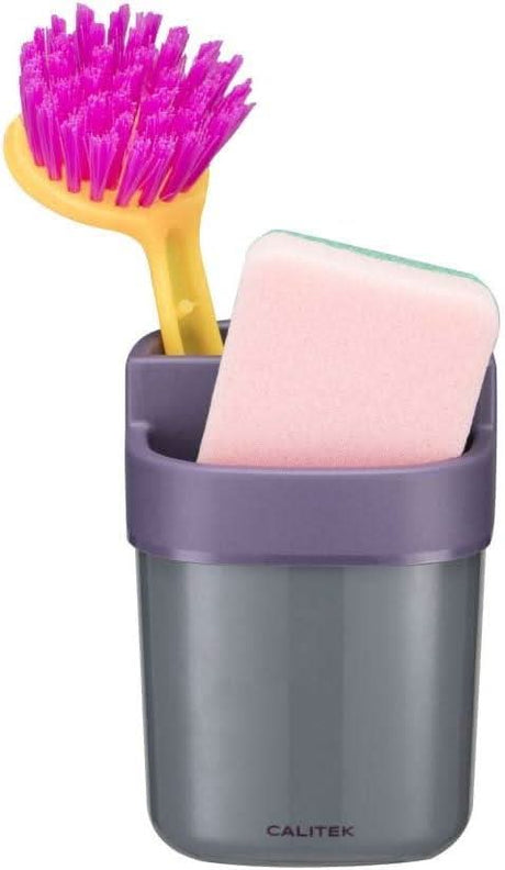Calitek kitchen sink organizer in gray holding a pink sponge and yellow dish brush with purple bristles