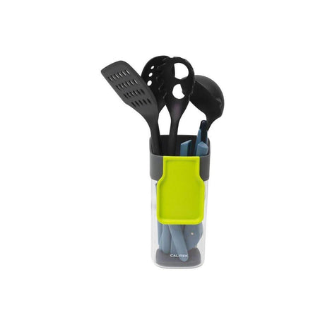Calitek kitchen utensil holder with spoon rest in clear and black with green spoon rest and various utensils