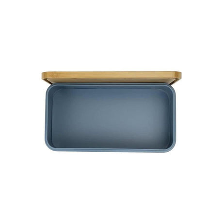 Calitek metal bread bin with bamboo lid in blue with open top view for kitchen storage