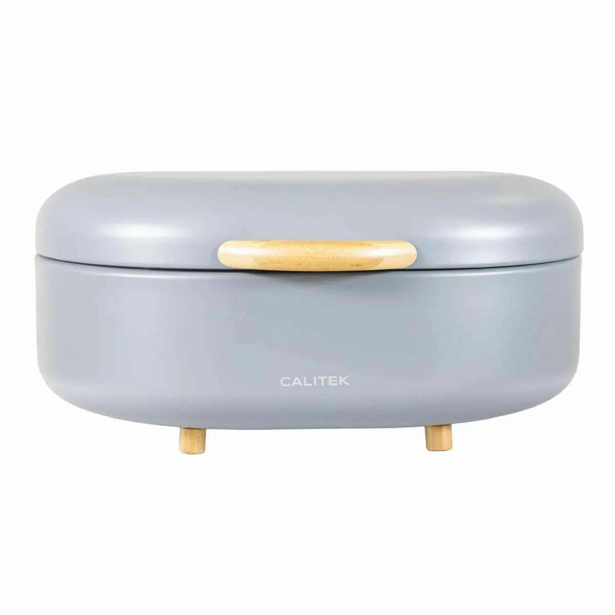 Modern bread bin with bamboo feet in gray with wooden handle from CLICKK Home Store