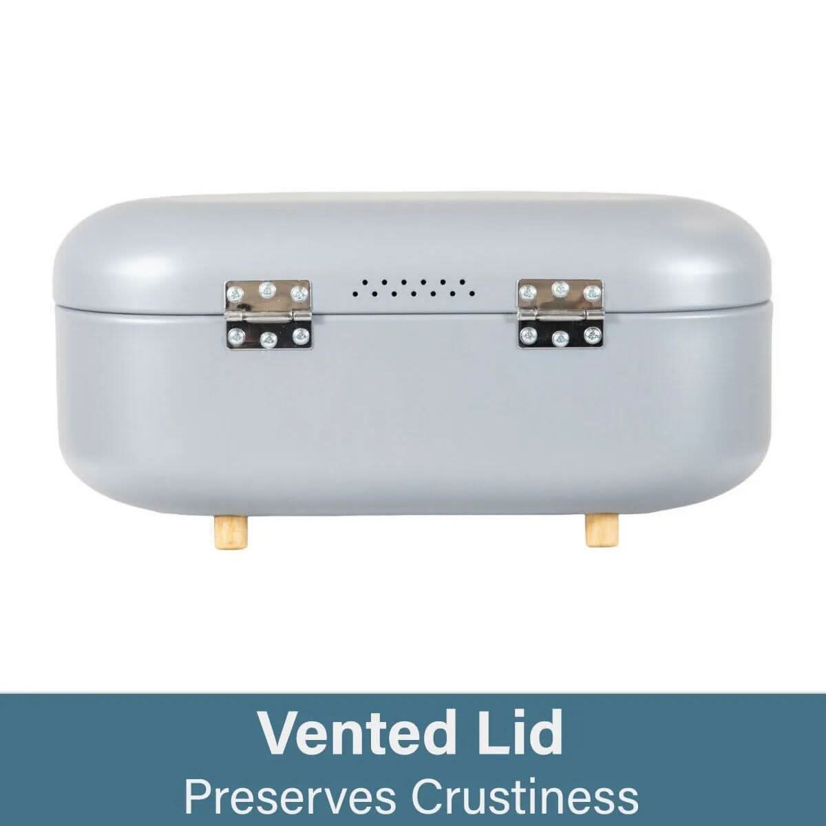 Modern bread bin with bamboo feet in gray featuring a vented lid to preserve crustiness
