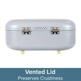 Modern bread bin with bamboo feet in gray featuring a vented lid to preserve crustiness