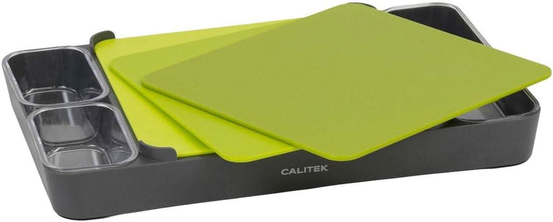 Calitek multipurpose chopping board set with three green cutting boards and black tray organizer