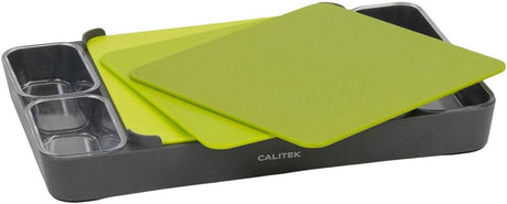 Calitek multipurpose chopping board set with three green cutting boards and black tray organizer
