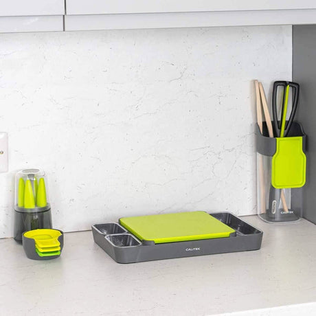 Calitek multipurpose chopping board set with green cutting board and utensil holder on kitchen counter