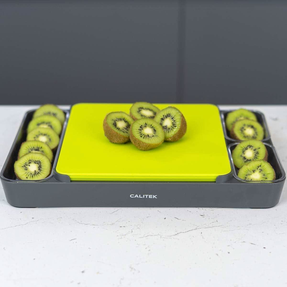 Calitek multipurpose chopping board set with bright green cutting board and sliced kiwi fruits
