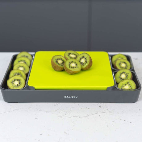 Calitek multipurpose chopping board set with bright green cutting board and sliced kiwi fruits