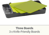 Calitek multipurpose chopping board set with three green knife-friendly boards and black tray with compartments