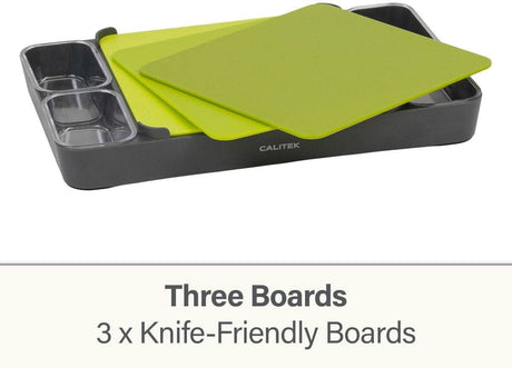 Calitek multipurpose chopping board set with three green knife-friendly boards and black tray with compartments