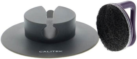 Calitek non scratch scouring pad for non stick pans with ergonomic handle and holder
