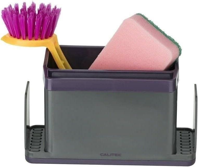 Calitek purple sink caddy organizer holding a pink sponge and yellow brush with purple bristles