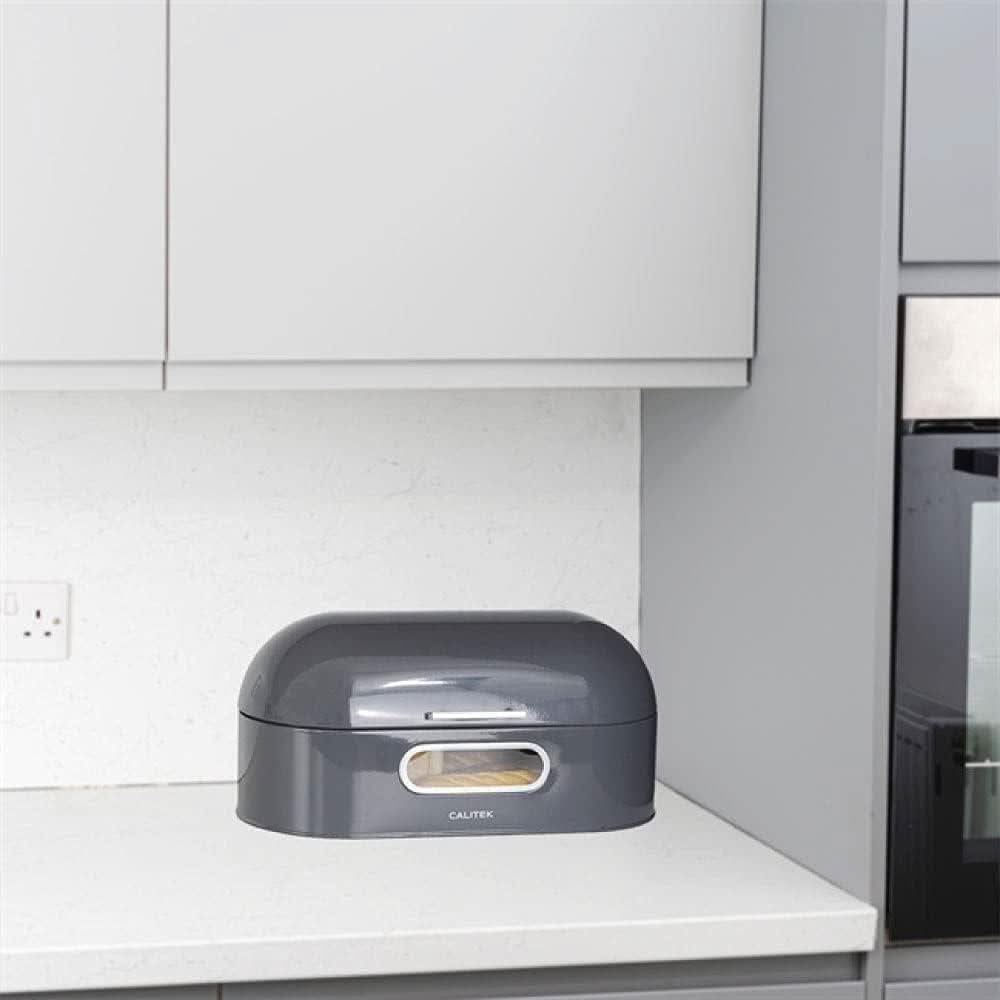 Calitek retro bread bin in dark gray on kitchen countertop with rounded edges